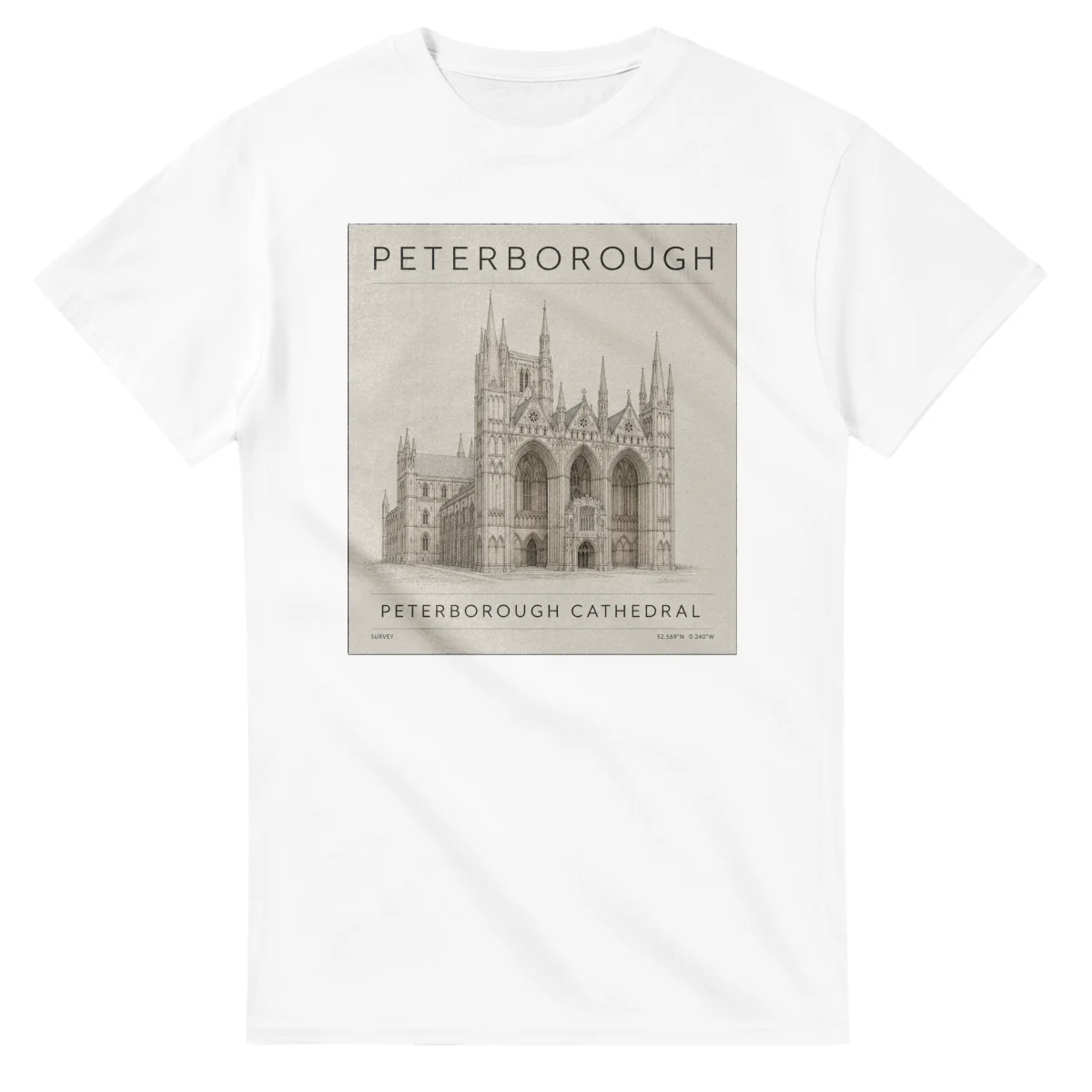 Fine-line engraving-style drawing for Peterborough, with a landmark caption and small coordinate text.