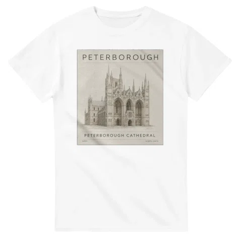 Fine-line engraving-style drawing for Peterborough, with a landmark caption and small coordinate text.