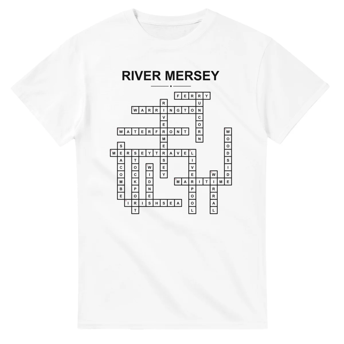 Monochrome crossword sheet for River Mersey, with a large place-name heading, a letter grid, and numbered across and down clues.