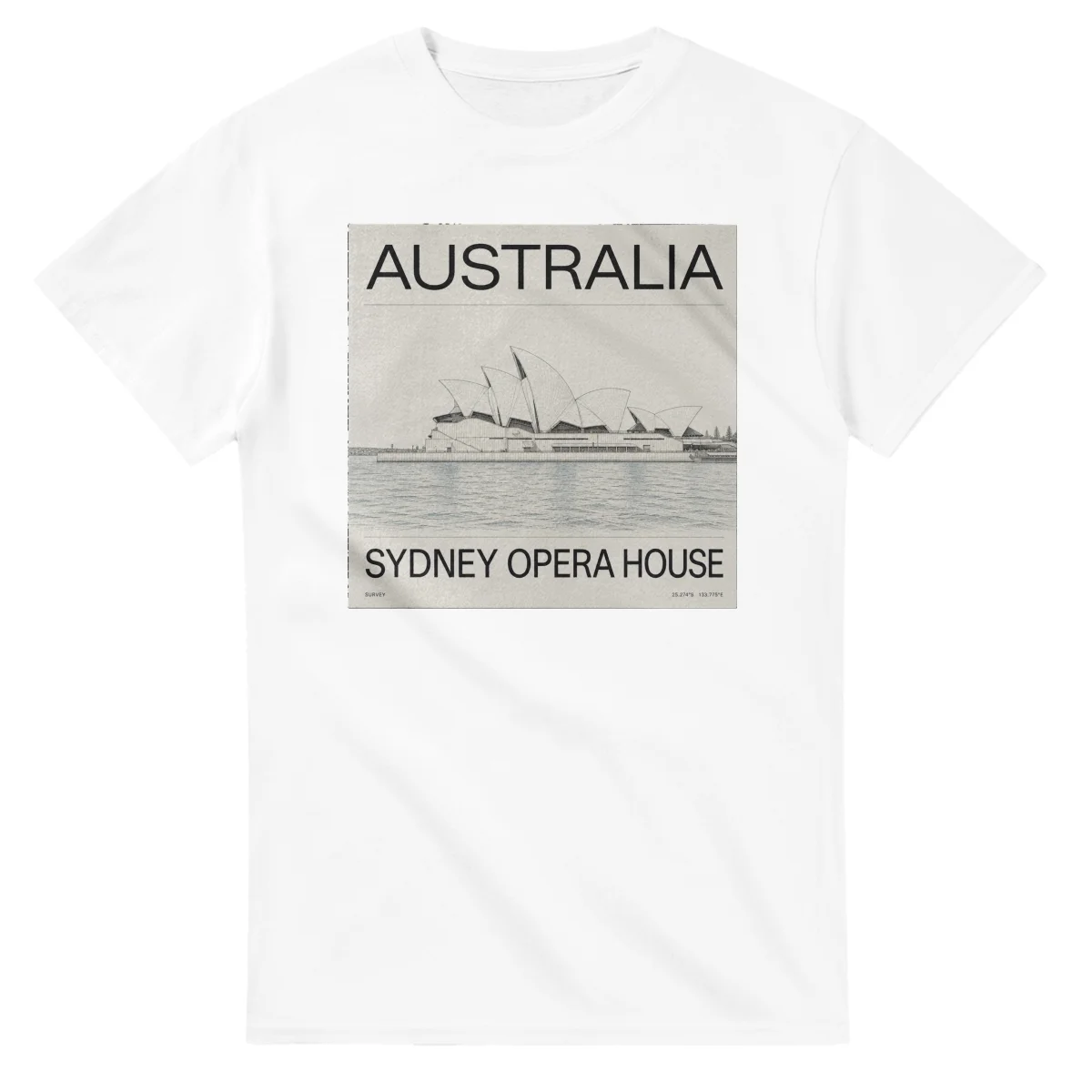 Fine-line engraving-style drawing for Australia, with a landmark caption and small coordinate text.