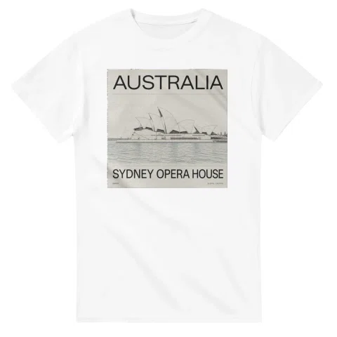 Fine-line engraving-style drawing for Australia, with a landmark caption and small coordinate text.