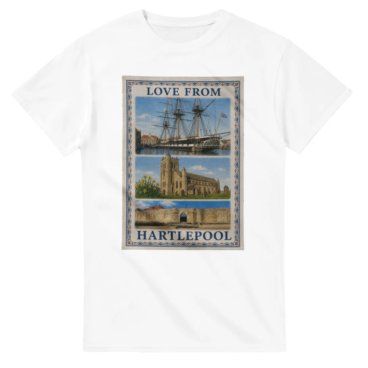 Framed scenic design for Hartlepool, with several local views, a decorative border and LOVE FROM lettering.