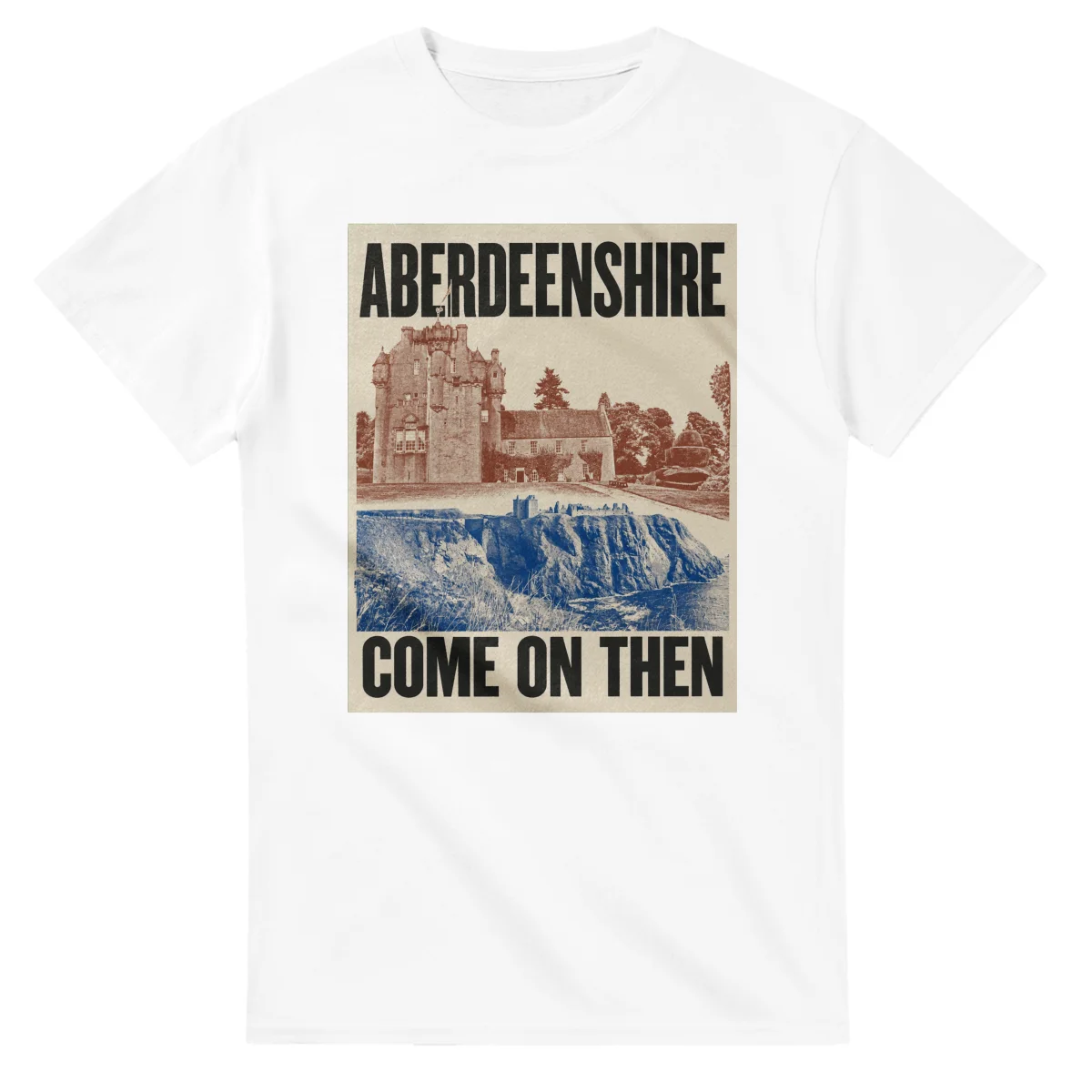 Two-colour scenic illustration for Aberdeenshire, with the place name and COME ON THEN lettering.