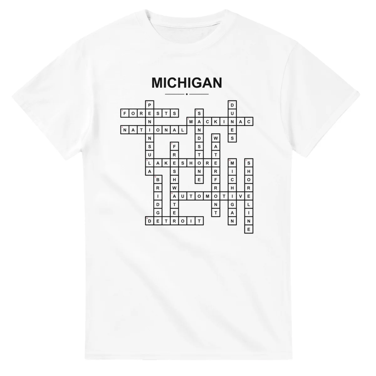 Monochrome crossword sheet for Michigan, with a large place-name heading, a letter grid, and numbered across and down clues.