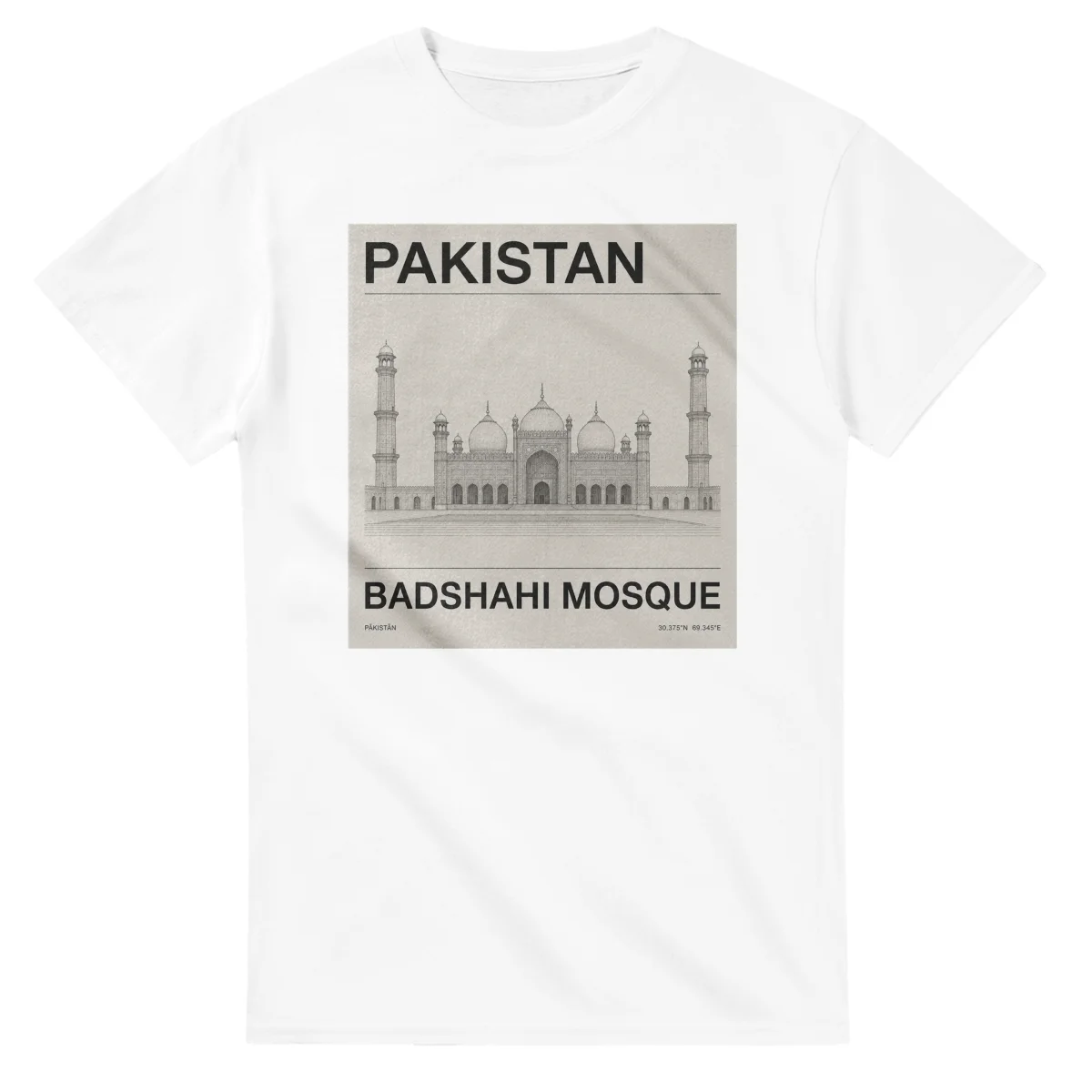 Fine-line engraving-style drawing for Pakistan, with a landmark caption and small coordinate text.