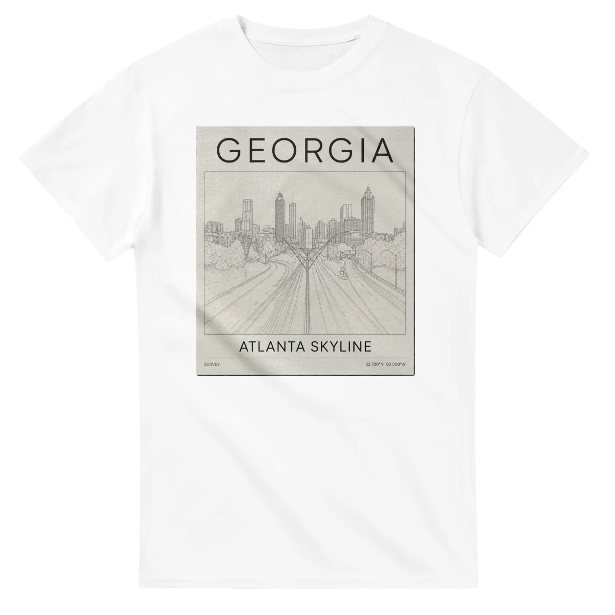 Fine-line engraving-style drawing for Georgia, with a landmark caption and small coordinate text.