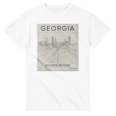 Fine-line engraving-style drawing for Georgia, with a landmark caption and small coordinate text.