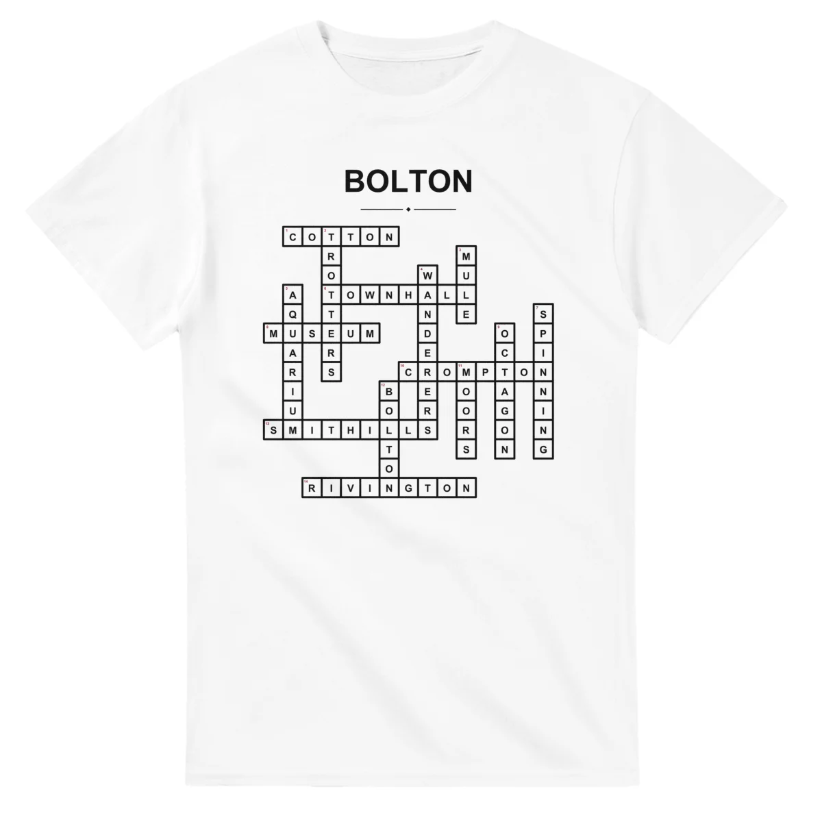 Monochrome crossword sheet for Bolton, with a large place-name heading, a letter grid, and numbered across and down clues.