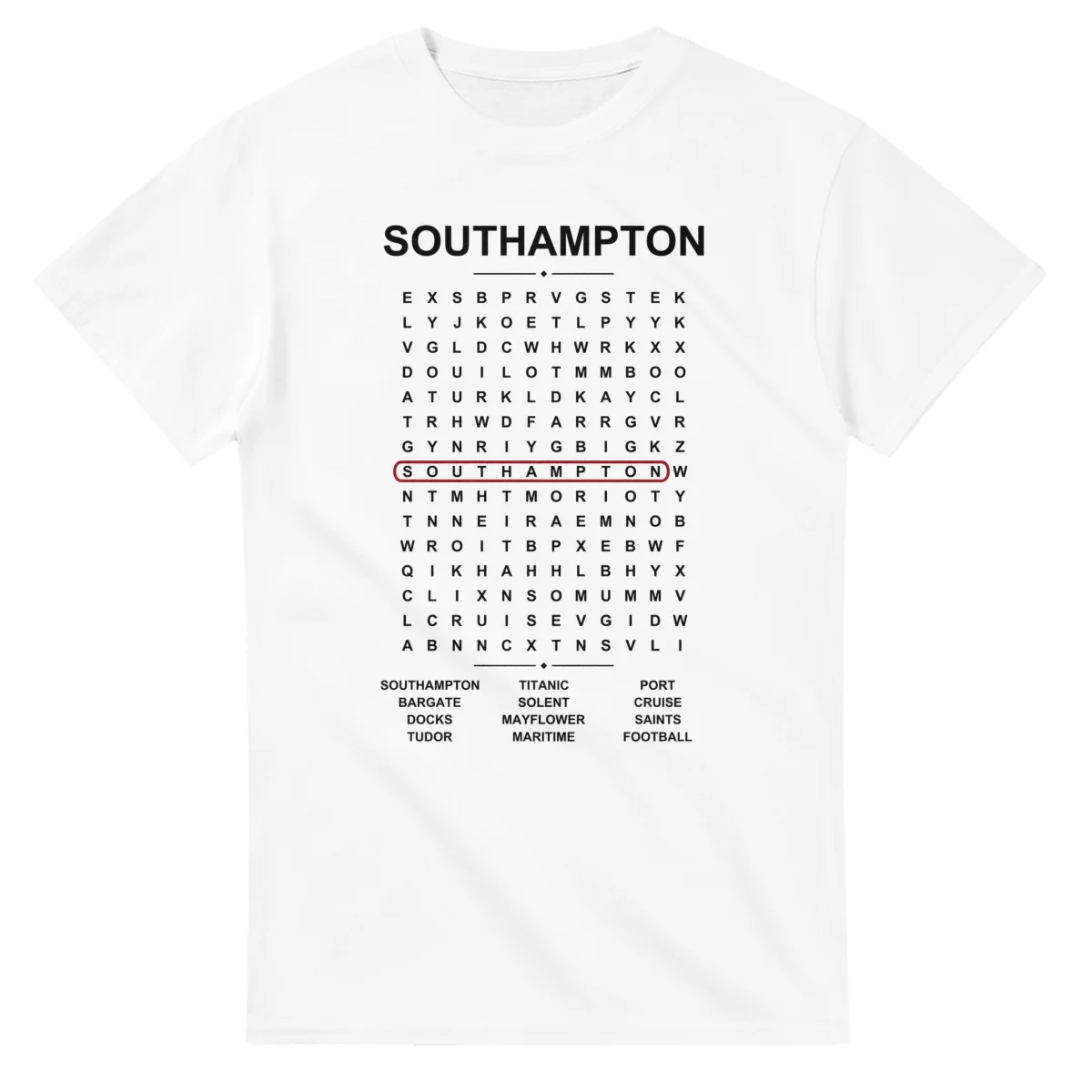 Word-search sheet for Southampton, with a large place-name heading, a letter grid, a local answer list, and a red highlighted example word.