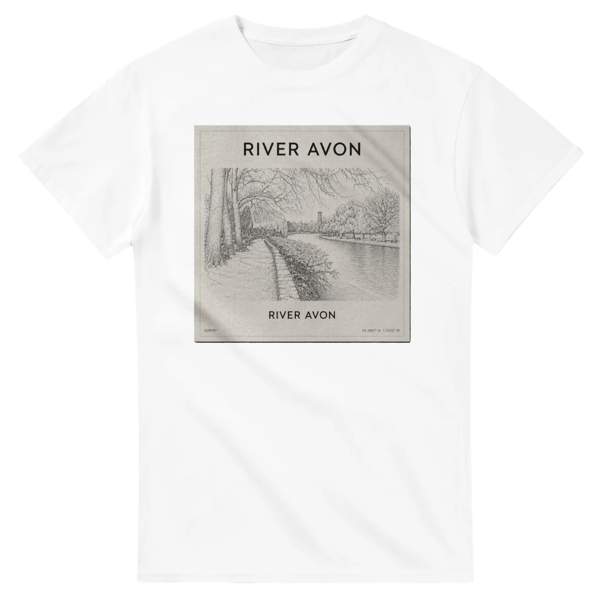 Fine-line engraving-style drawing for River Avon, with a landmark caption and small coordinate text.