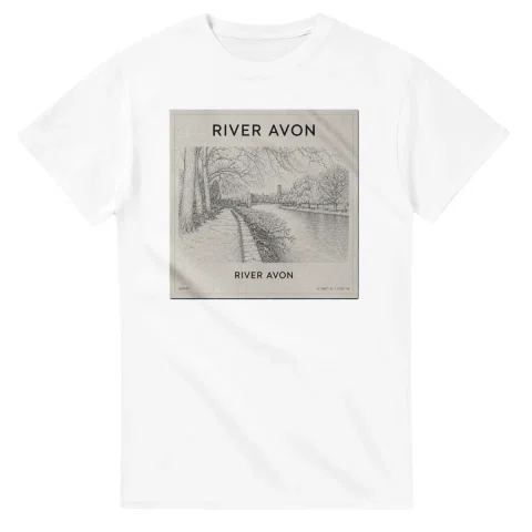 Fine-line engraving-style drawing for River Avon, with a landmark caption and small coordinate text.