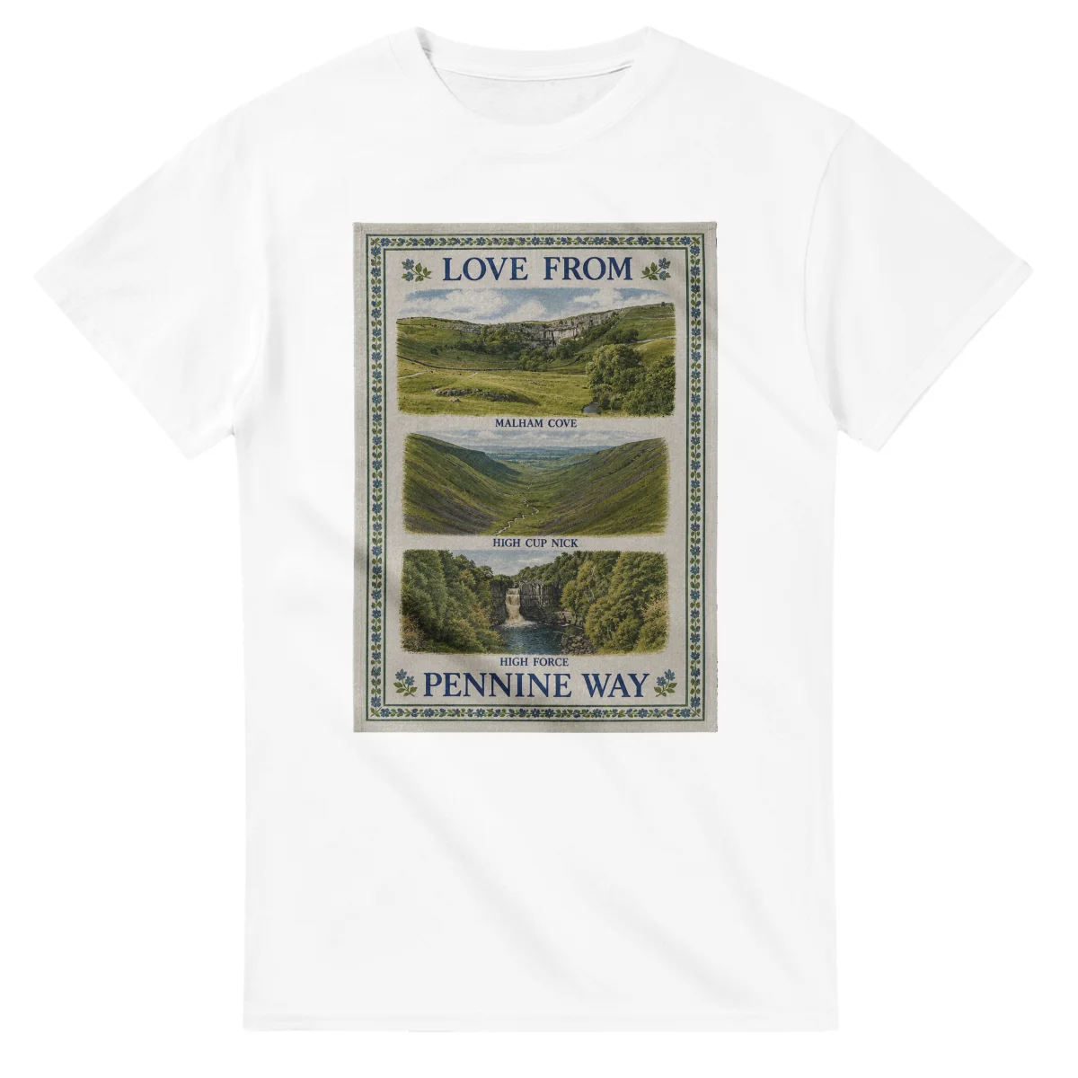 Framed scenic design for Pennine Way, with several local views, a decorative border and LOVE FROM lettering.