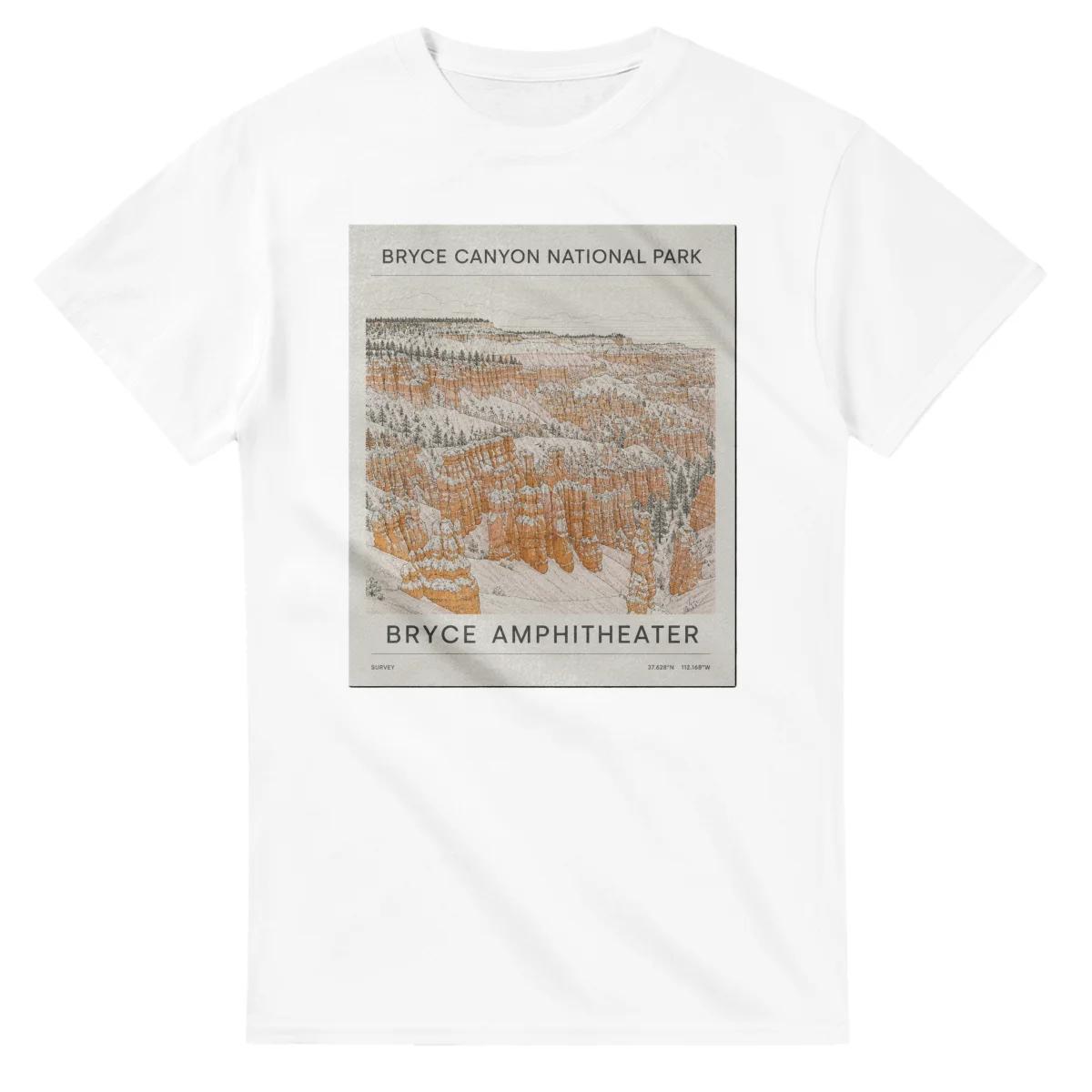 Fine-line engraving-style drawing for Bryce Canyon National Park, with a landmark caption and small coordinate text.