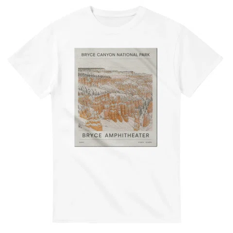 Fine-line engraving-style drawing for Bryce Canyon National Park, with a landmark caption and small coordinate text.