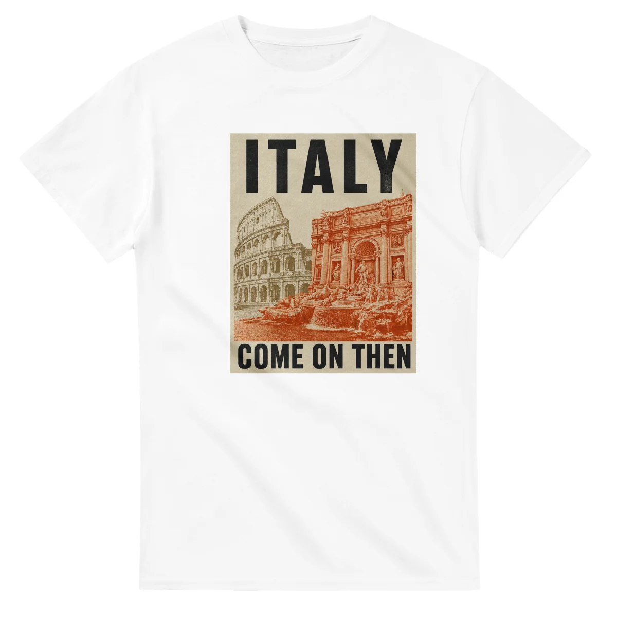 Two-colour scenic illustration for Italy, with the place name and COME ON THEN lettering.