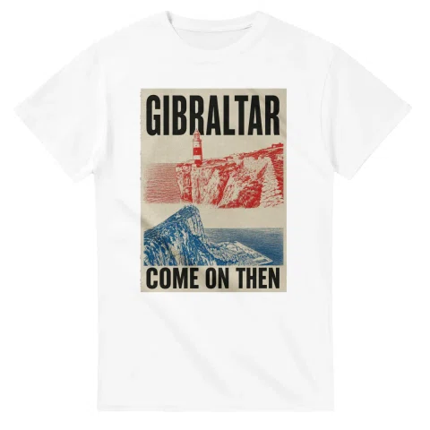 Two-colour scenic illustration for Gibraltar, with the place name and COME ON THEN lettering.