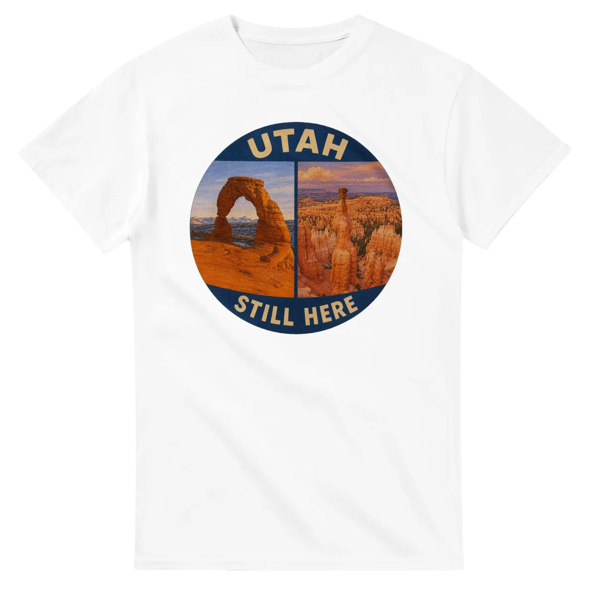 Painted, panelled scenic illustration for Utah, with paired local scenes and the place name in lettering.