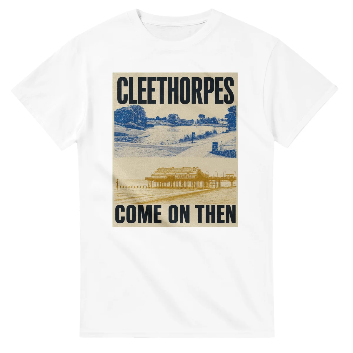 Two-colour scenic illustration for Cleethorpes, with the place name and COME ON THEN lettering.