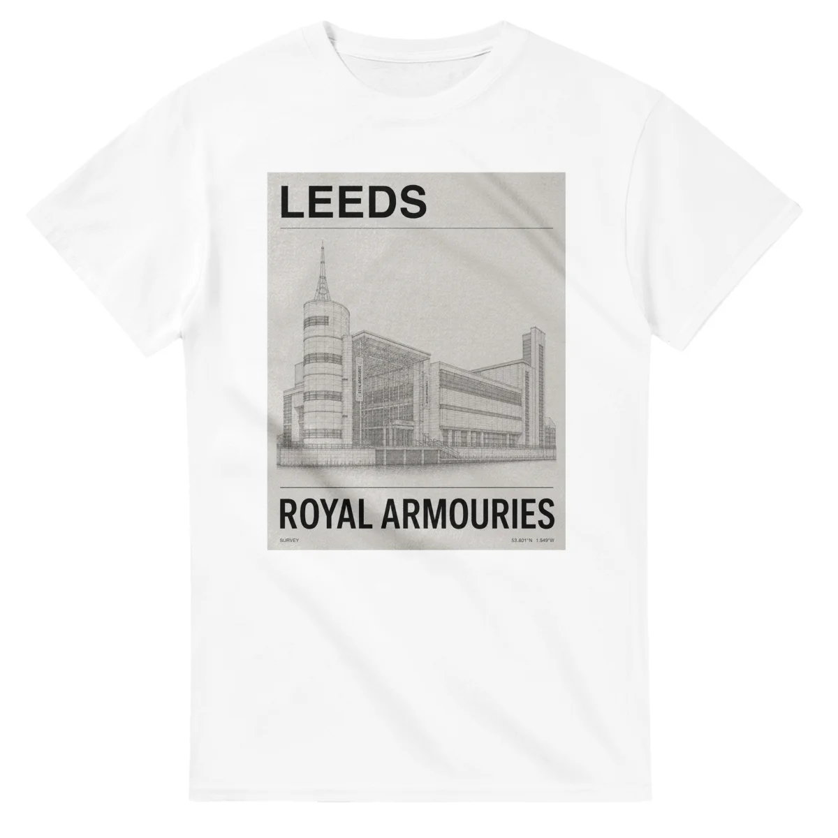 Fine-line engraving-style drawing for Leeds, with a landmark caption and small coordinate text.