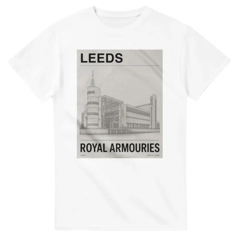 Fine-line engraving-style drawing for Leeds, with a landmark caption and small coordinate text.