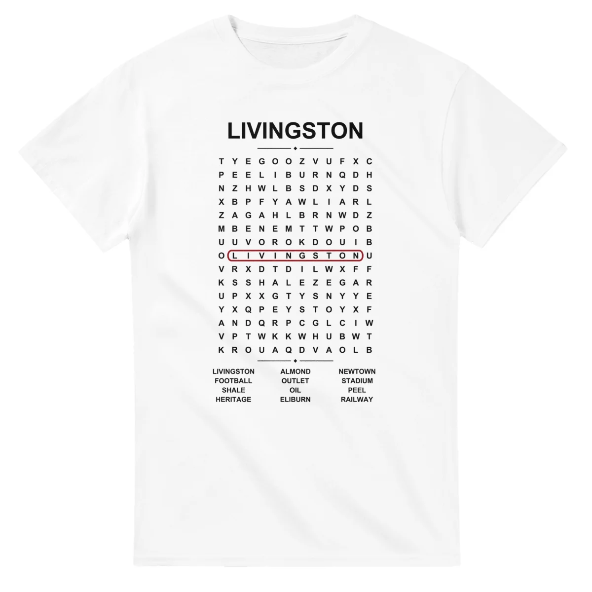 Word-search sheet for Livingston, with a large place-name heading, a letter grid, a local answer list, and a red highlighted example word.