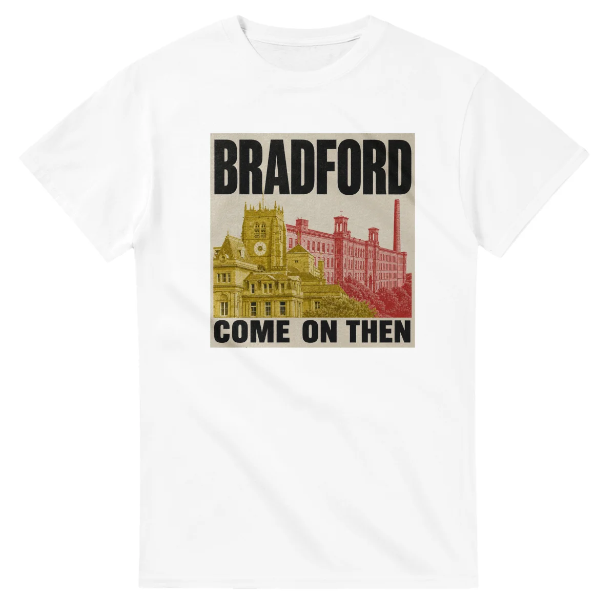 Two-colour scenic illustration for Bradford, with the place name and COME ON THEN lettering.