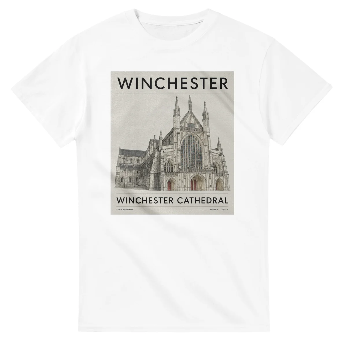 Fine-line engraving-style drawing for Winchester, with a landmark caption and small coordinate text.