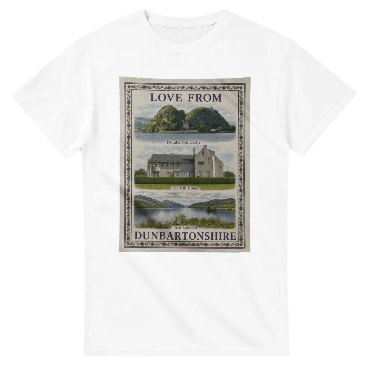 Framed scenic design for Dunbartonshire, with several local views, a decorative border and LOVE FROM lettering.