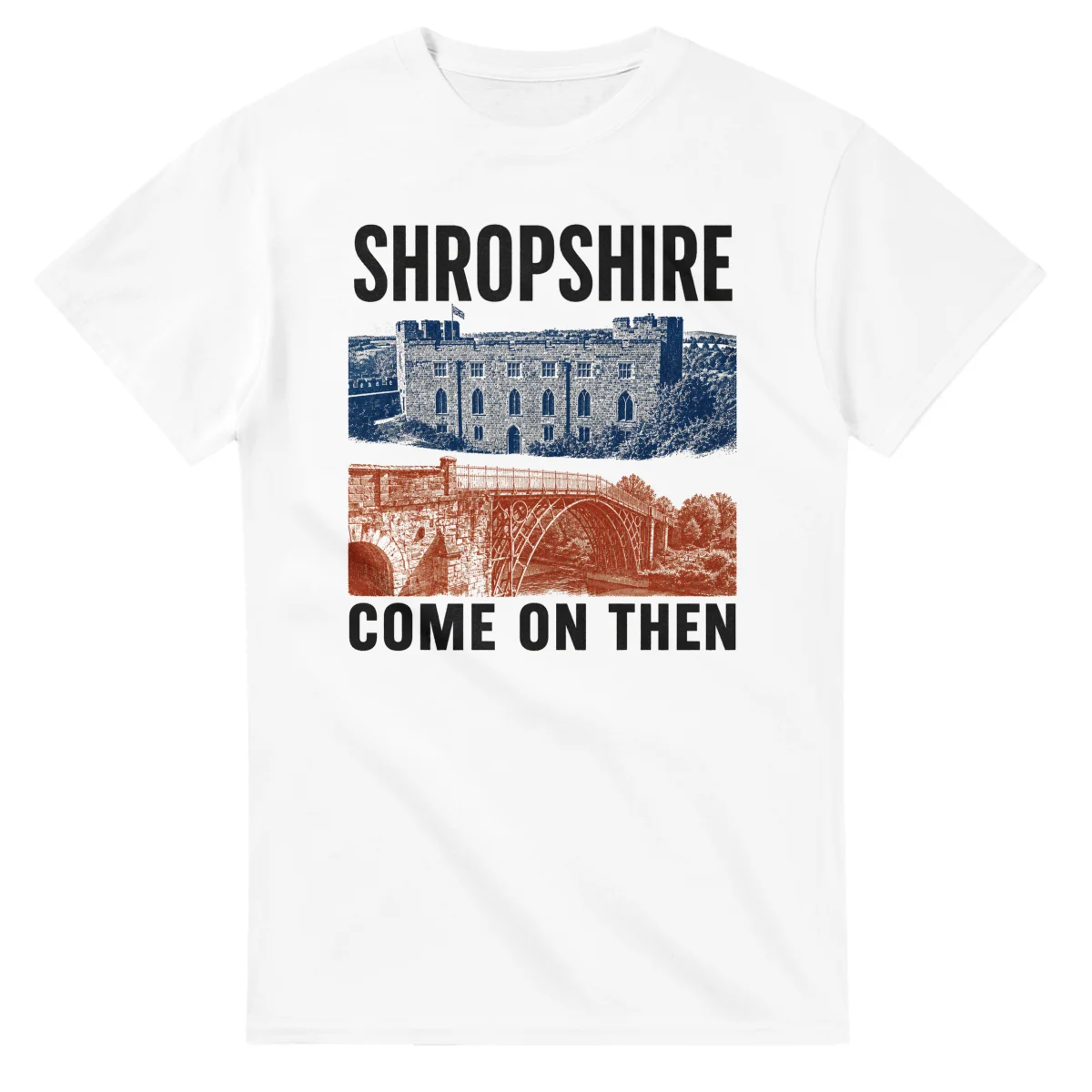 Two-colour scenic illustration for Shropshire, with the place name and COME ON THEN lettering.
