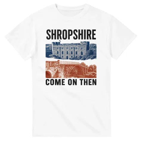 Two-colour scenic illustration for Shropshire, with the place name and COME ON THEN lettering.
