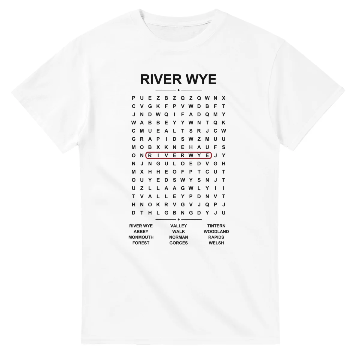 Word-search sheet for River Wye, with a large place-name heading, a letter grid, a local answer list, and a red highlighted example word.