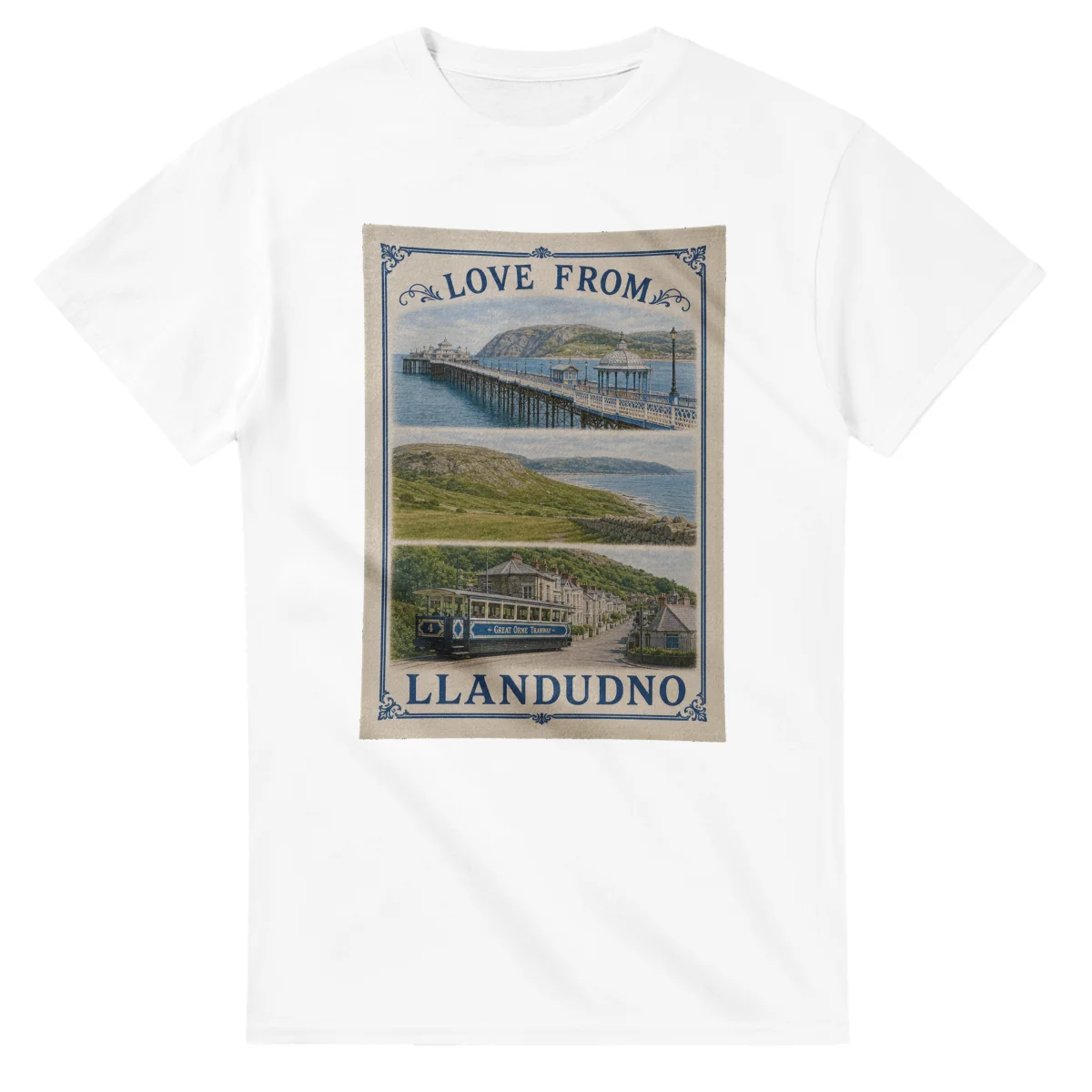 Framed scenic design for Llandudno, with several local views, a decorative border and LOVE FROM lettering.