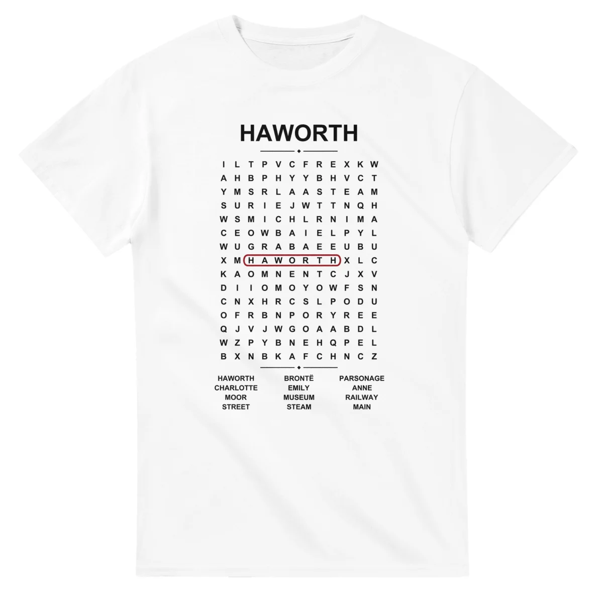 Word-search sheet for Haworth, with a large place-name heading, a letter grid, a local answer list, and a red highlighted example word.
