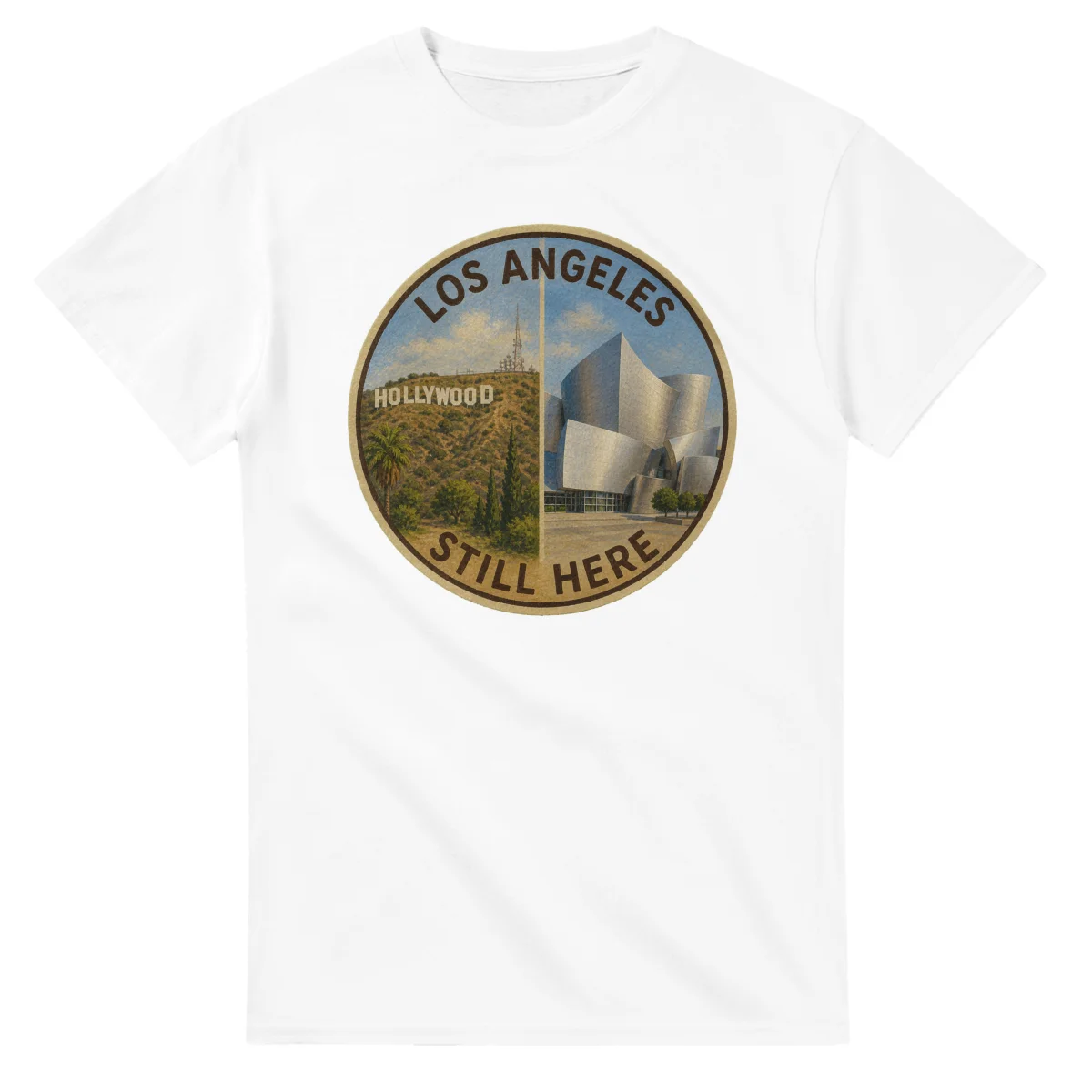 Painted, panelled scenic illustration for Los Angeles, with paired local scenes and the place name in lettering.