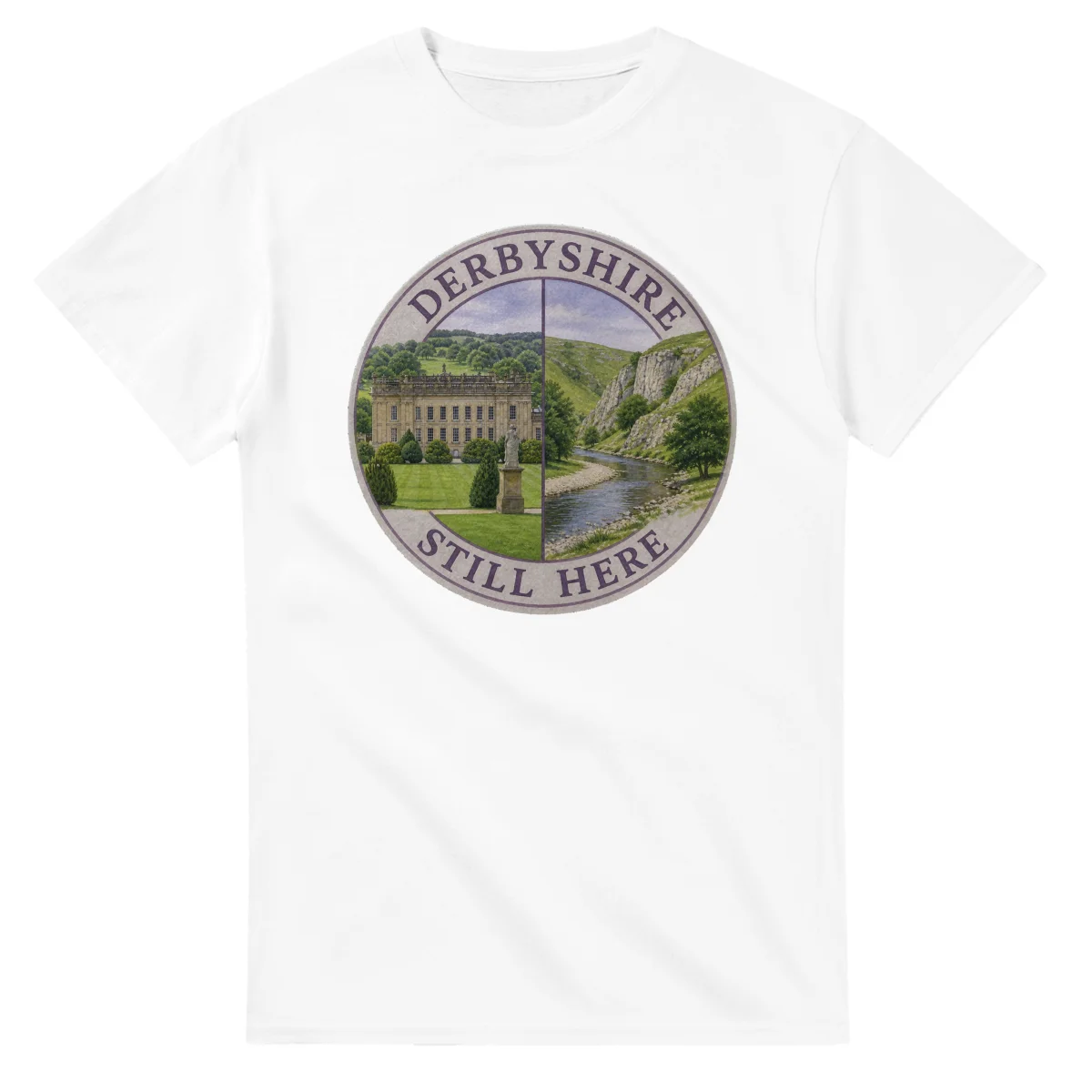 Painted, panelled scenic illustration for Derbyshire, with paired local scenes and the place name in lettering.