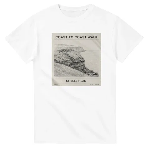 Fine-line engraving-style drawing for Coast to Coast Walk, with a landmark caption and small coordinate text.