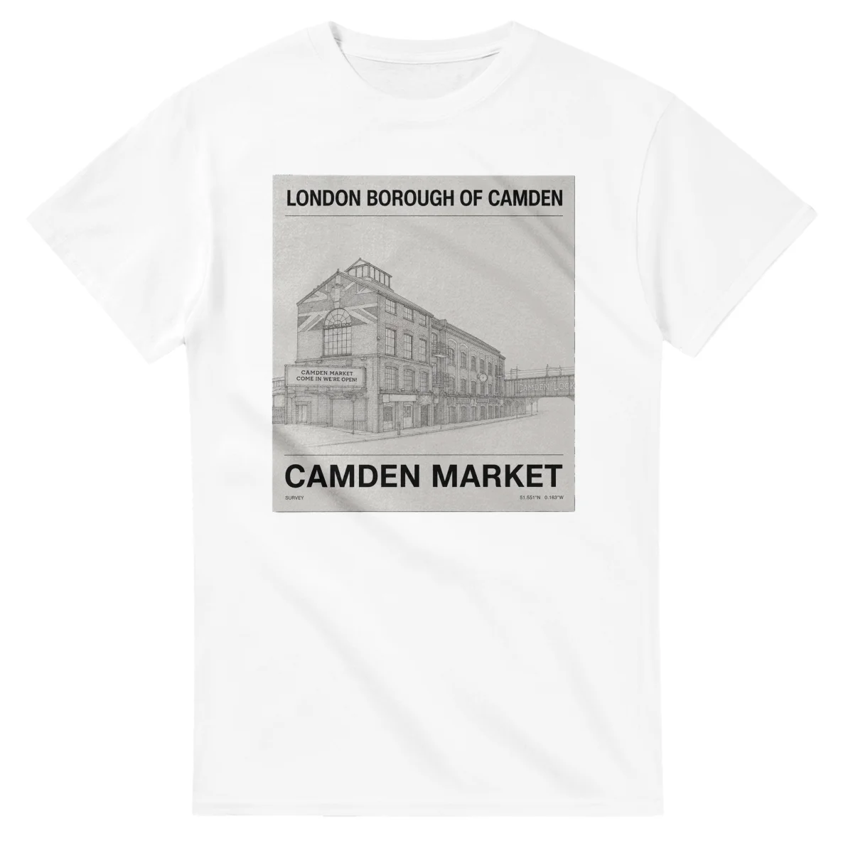 Fine-line engraving-style drawing for London Borough of Camden, with a landmark caption and small coordinate text.