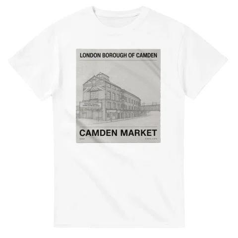 Fine-line engraving-style drawing for London Borough of Camden, with a landmark caption and small coordinate text.