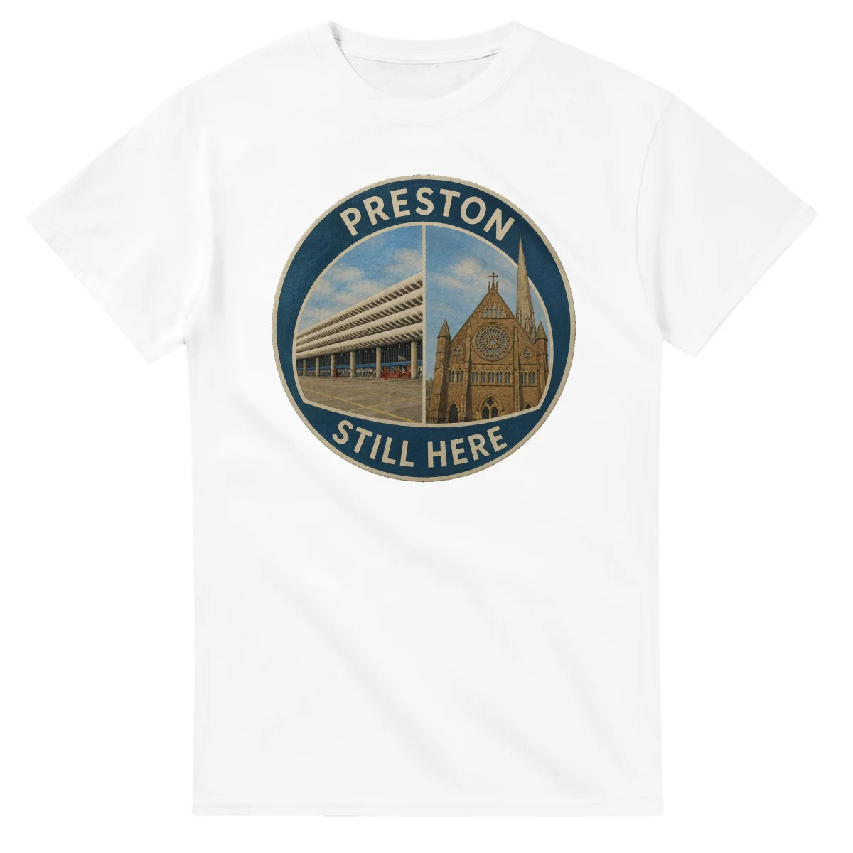 Painted, panelled scenic illustration for Preston, with paired local scenes and the place name in lettering.