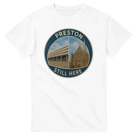 Painted, panelled scenic illustration for Preston, with paired local scenes and the place name in lettering.