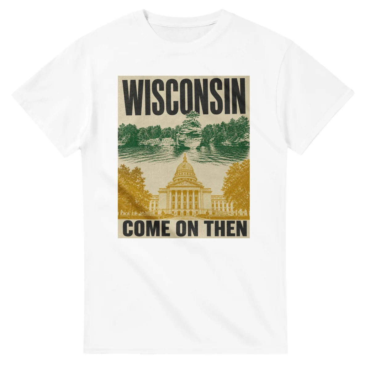 Two-colour scenic illustration for Wisconsin, with the place name and COME ON THEN lettering.