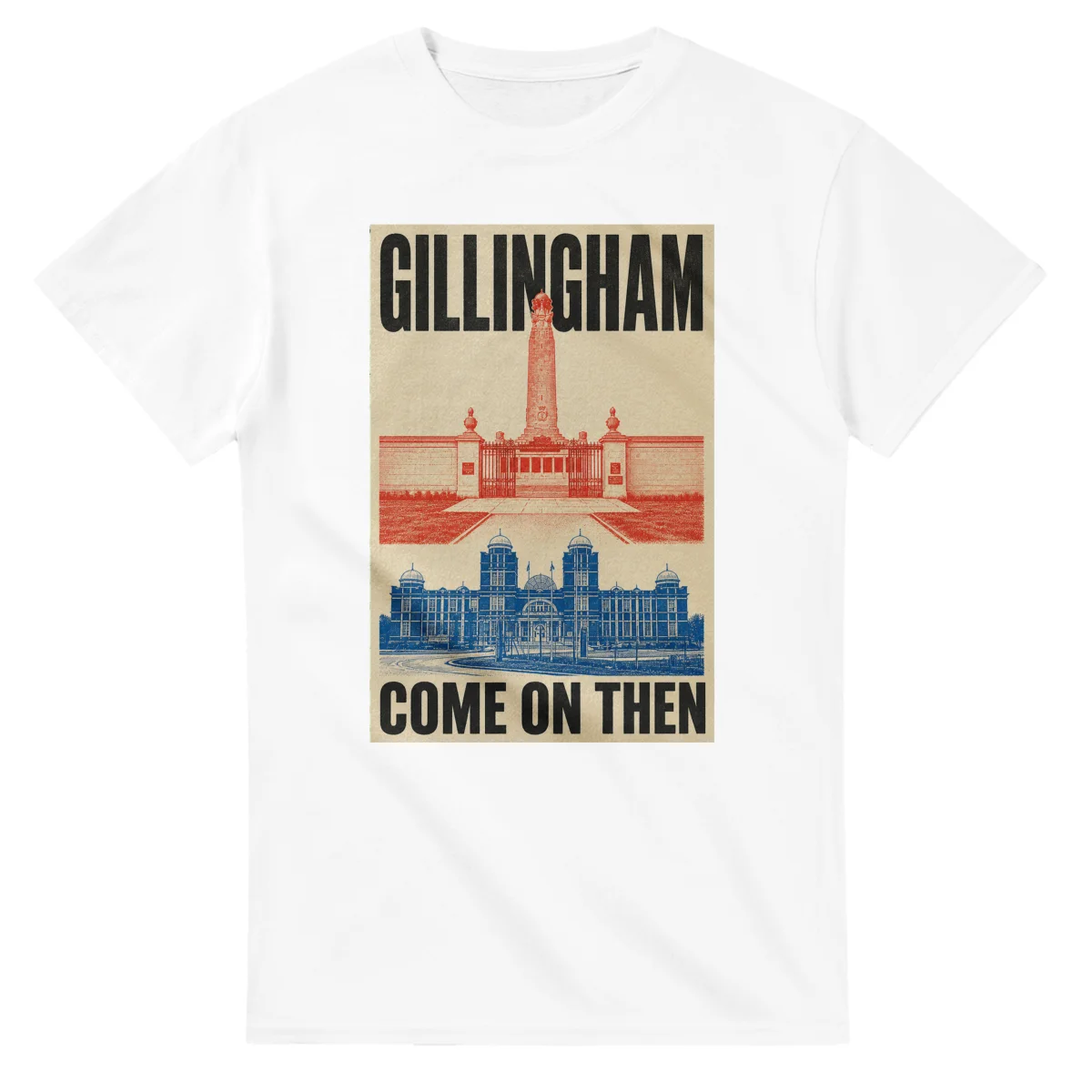Two-colour scenic illustration for Gillingham, with the place name and COME ON THEN lettering.