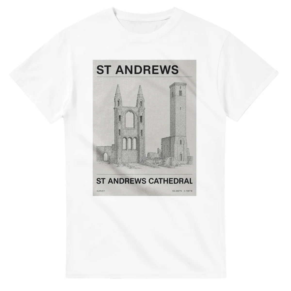 Fine-line engraving-style drawing for St Andrews, with a landmark caption and small coordinate text.