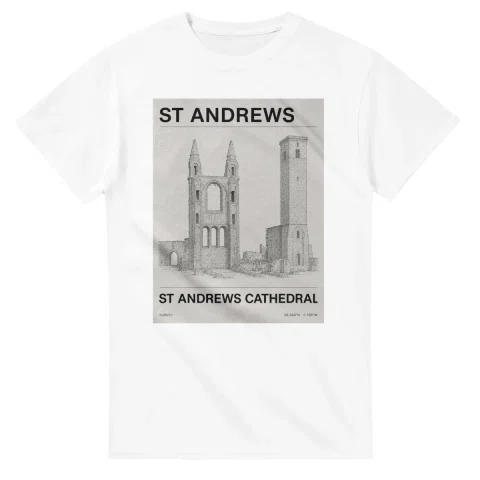 Fine-line engraving-style drawing for St Andrews, with a landmark caption and small coordinate text.
