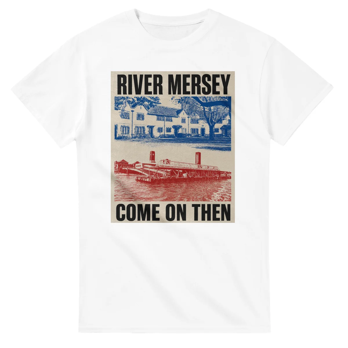 Two-colour scenic illustration for River Mersey, with the place name and COME ON THEN lettering.