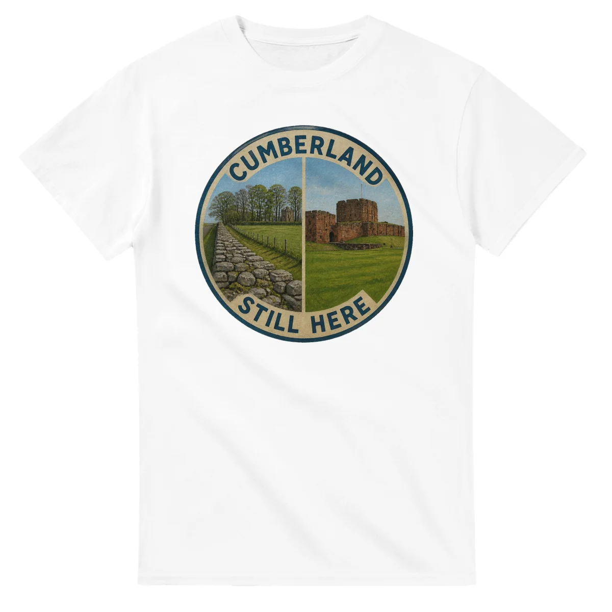 Painted, panelled scenic illustration for Cumberland, with paired local scenes and the place name in lettering.
