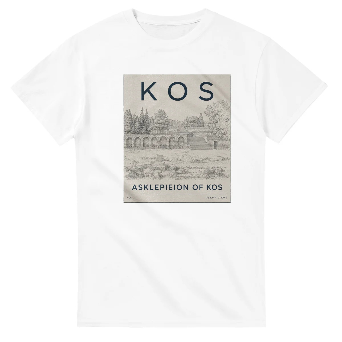 Fine-line engraving-style drawing for Kos, with a landmark caption and small coordinate text.