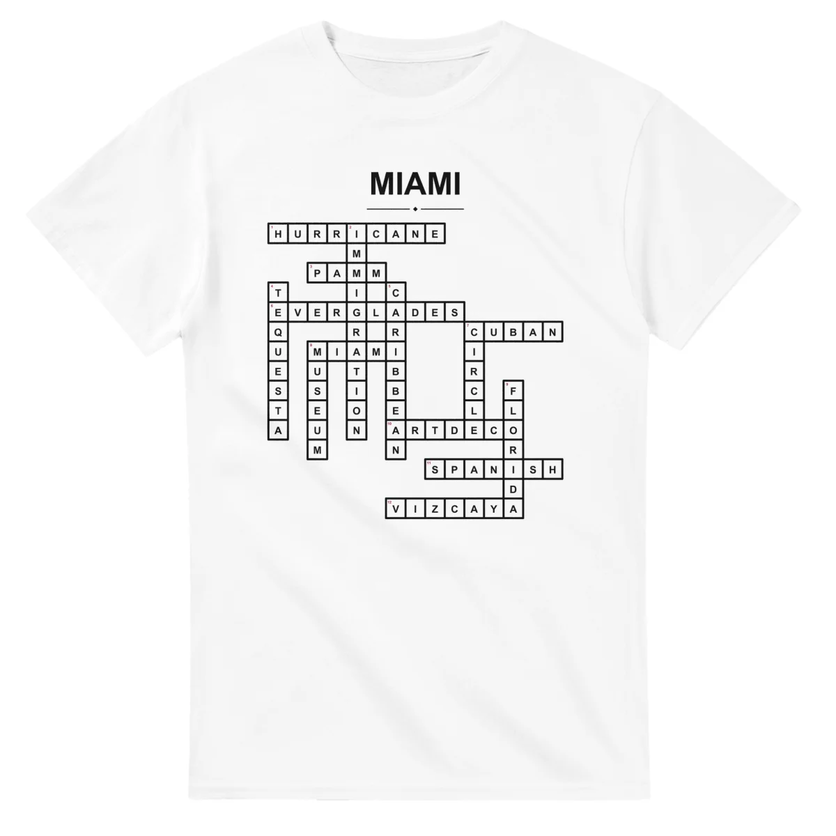 Monochrome crossword sheet for Miami, with a large place-name heading, a letter grid, and numbered across and down clues.
