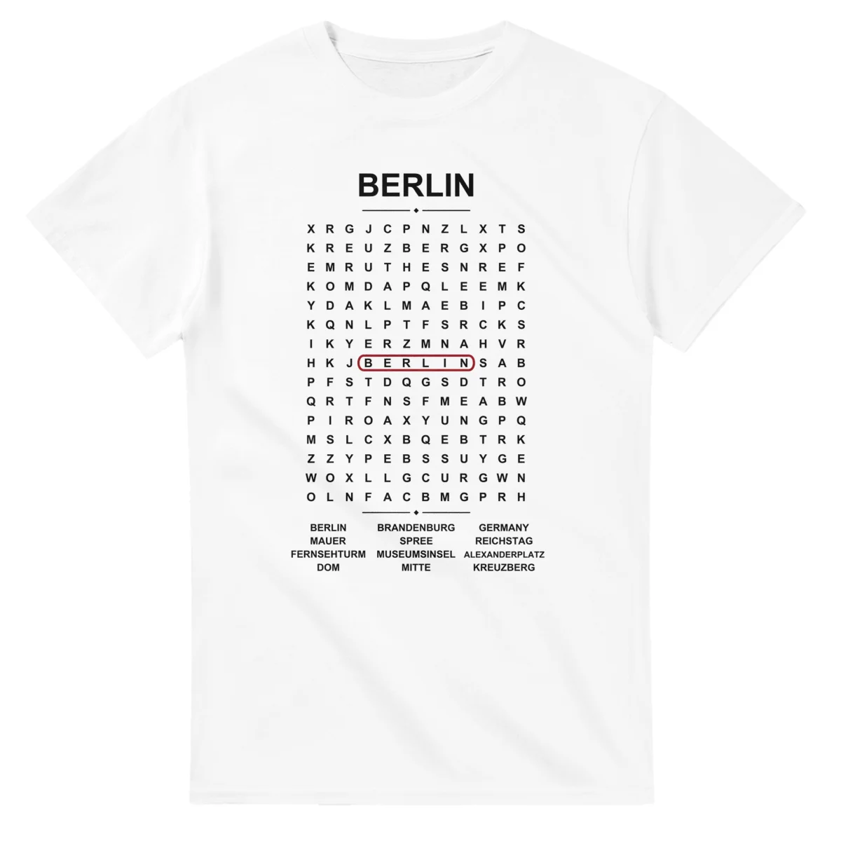 Word-search sheet for Berlin, with a large place-name heading, a letter grid, a local answer list, and a red highlighted example word.