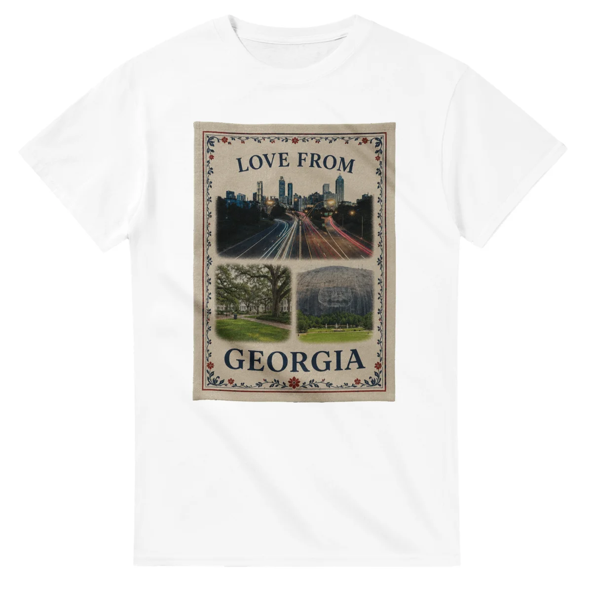 Framed scenic design for Georgia, with several local views, a decorative border and LOVE FROM lettering.